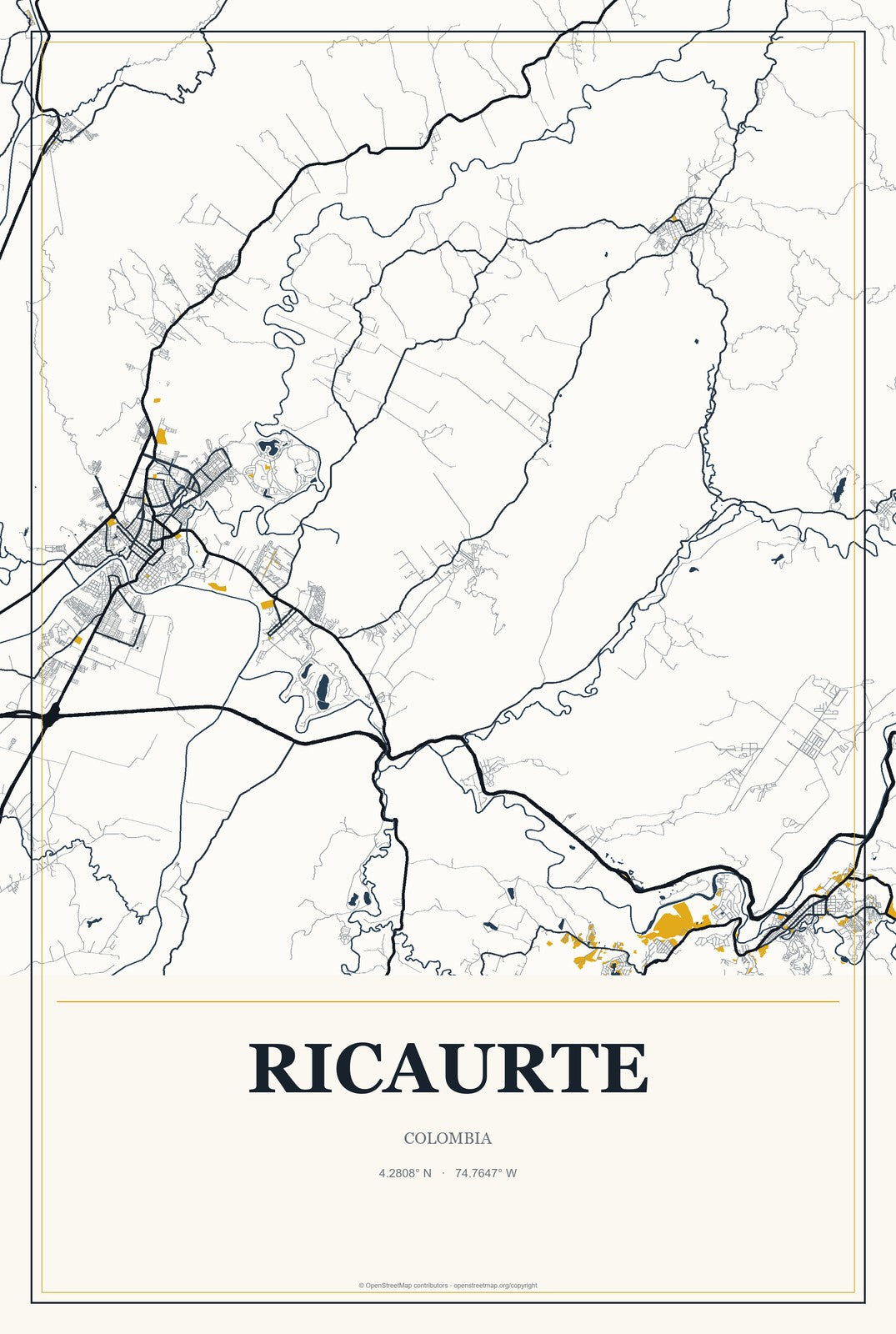 Ricaurte, Colombia City Map Aluminum Sign in Citrine Modern style