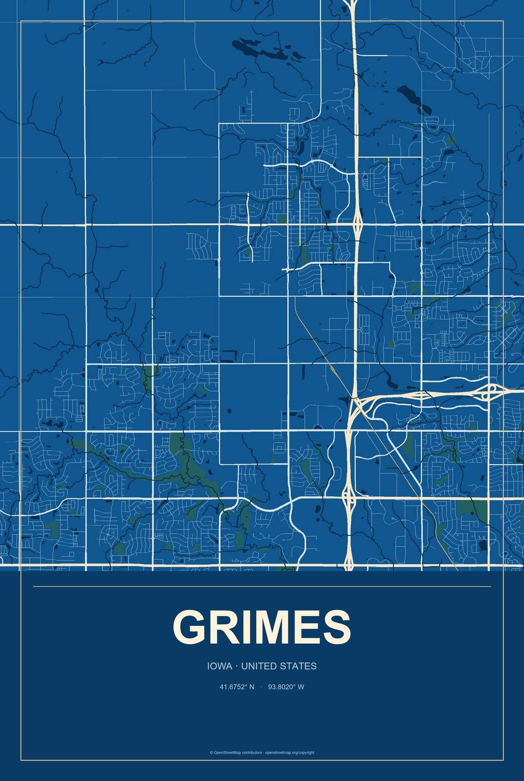 Grimes, Iowa City Map Aluminum Sign in Harbor Cobalt style