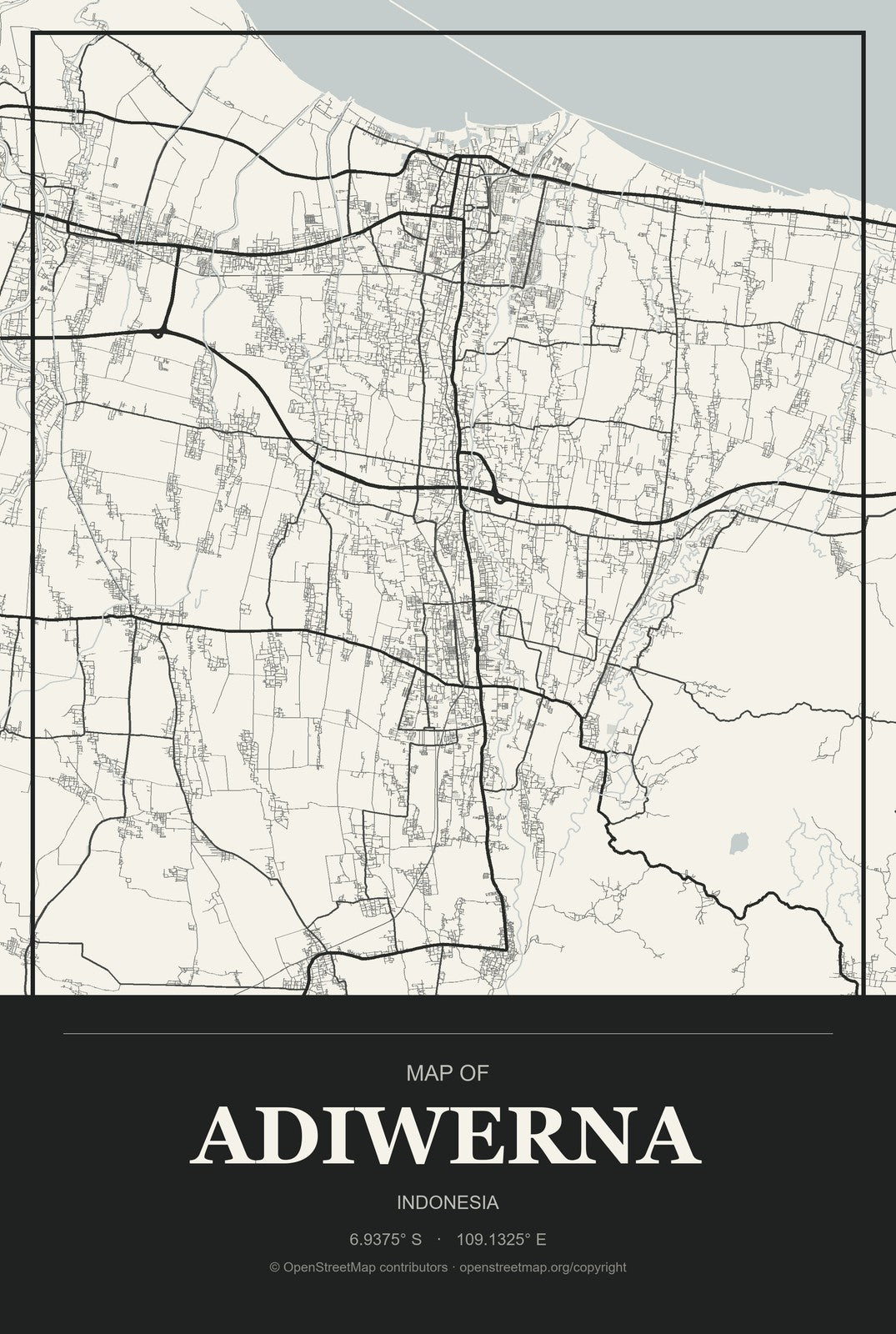 Adiwerna, Indonesia City Map Aluminum Sign in Museum Plaque style