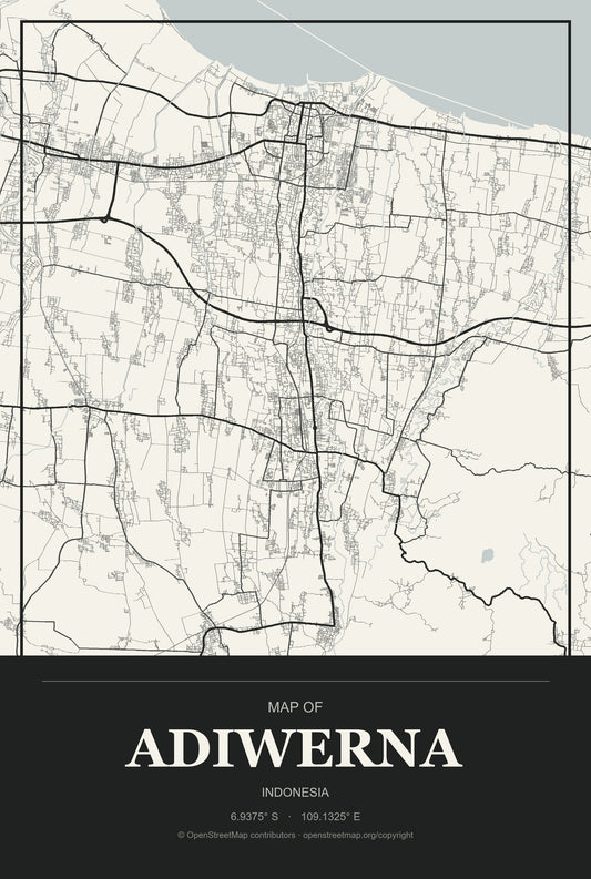 Adiwerna, Indonesia City Map Aluminum Sign in Museum Plaque style