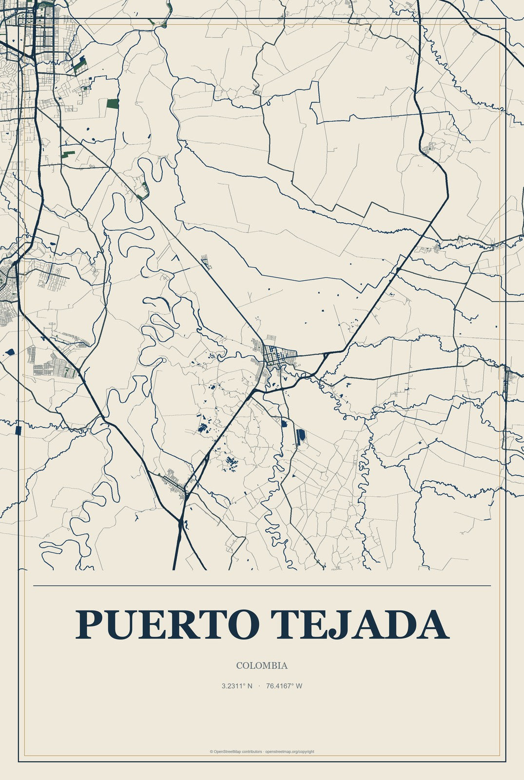 Puerto Tejada, Colombia City Map Aluminum Sign in Coastal Cutout style