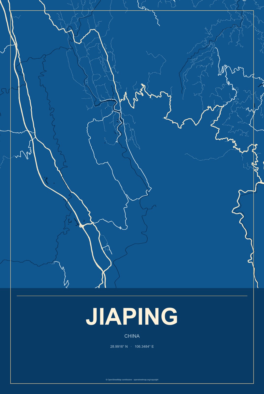 Jiaping, China City Map Aluminum Sign in Harbor Cobalt style