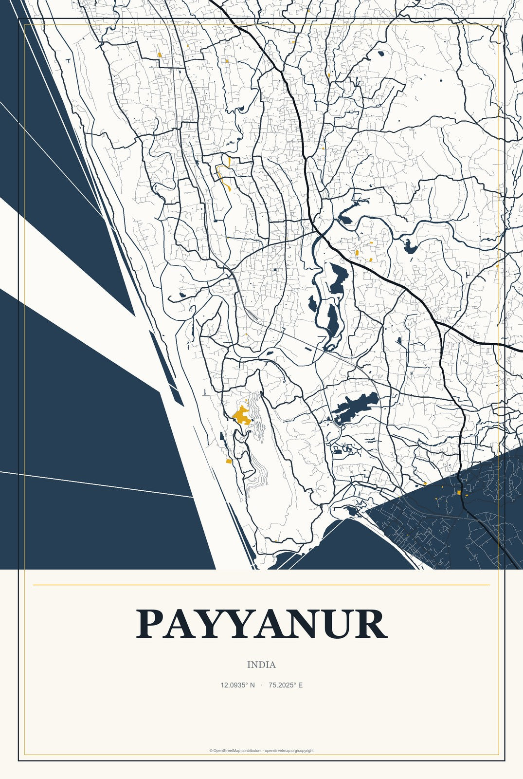 Payyanur, India City Map Aluminum Sign in Citrine Modern style