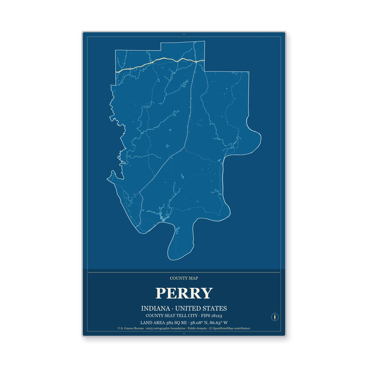 Perry County, Indiana Map Aluminum Sign in Harbor Cobalt style