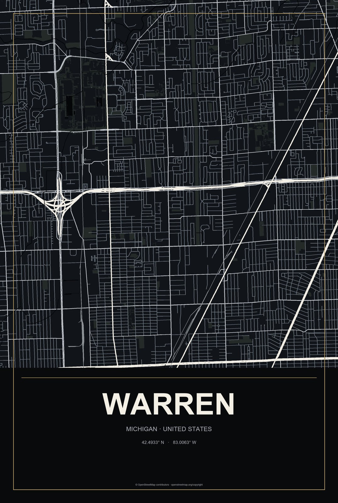 Warren, Michigan City Map Aluminum Sign in Metropolitan Noir style