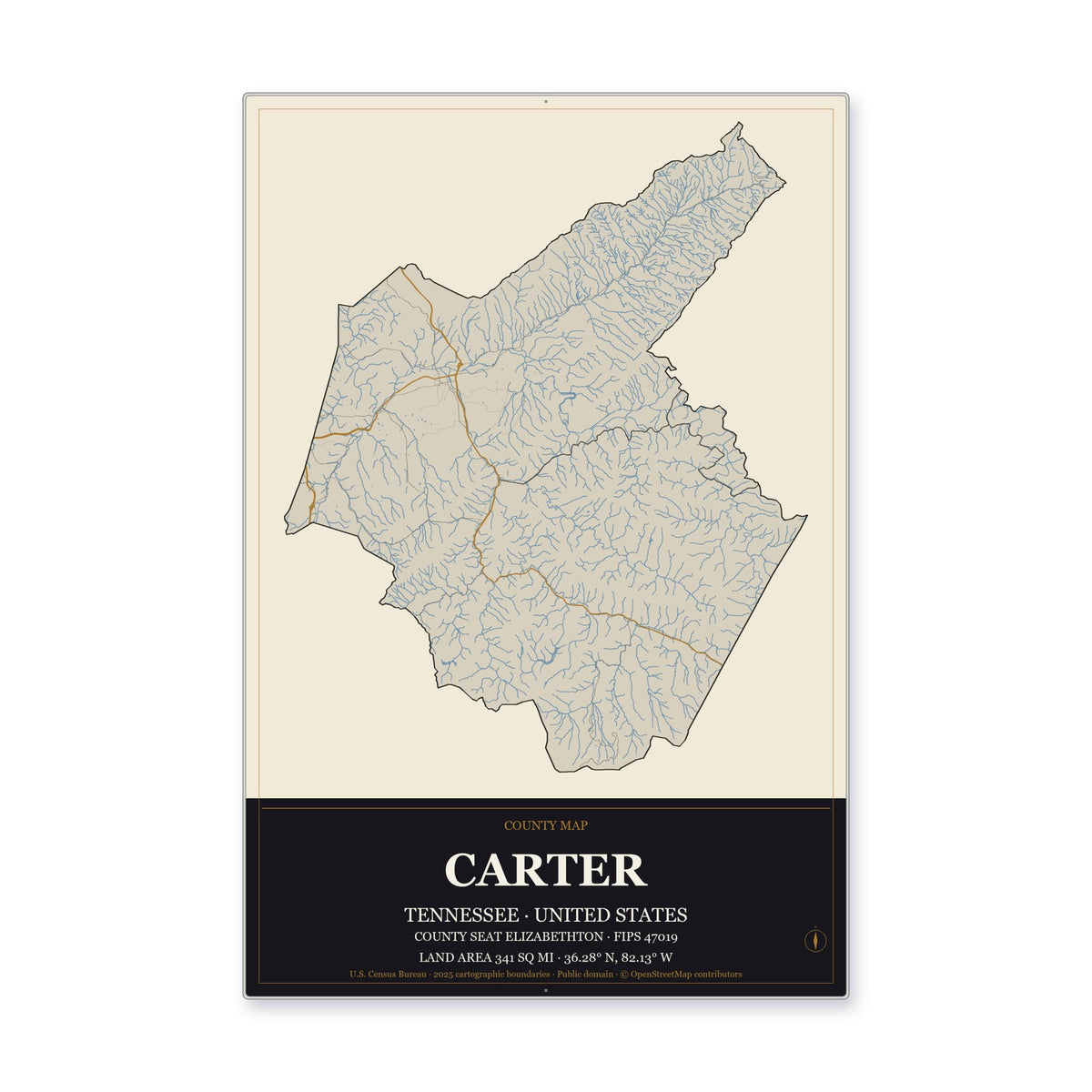 Carter County, Tennessee Map Aluminum Sign in Museum Plaque style