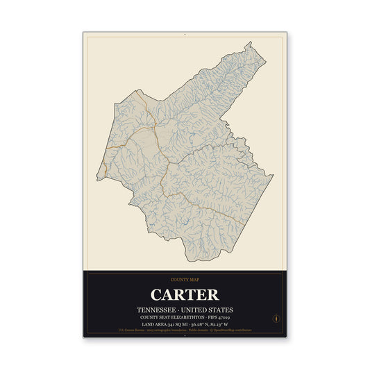 Carter County, Tennessee Map Aluminum Sign in Museum Plaque style