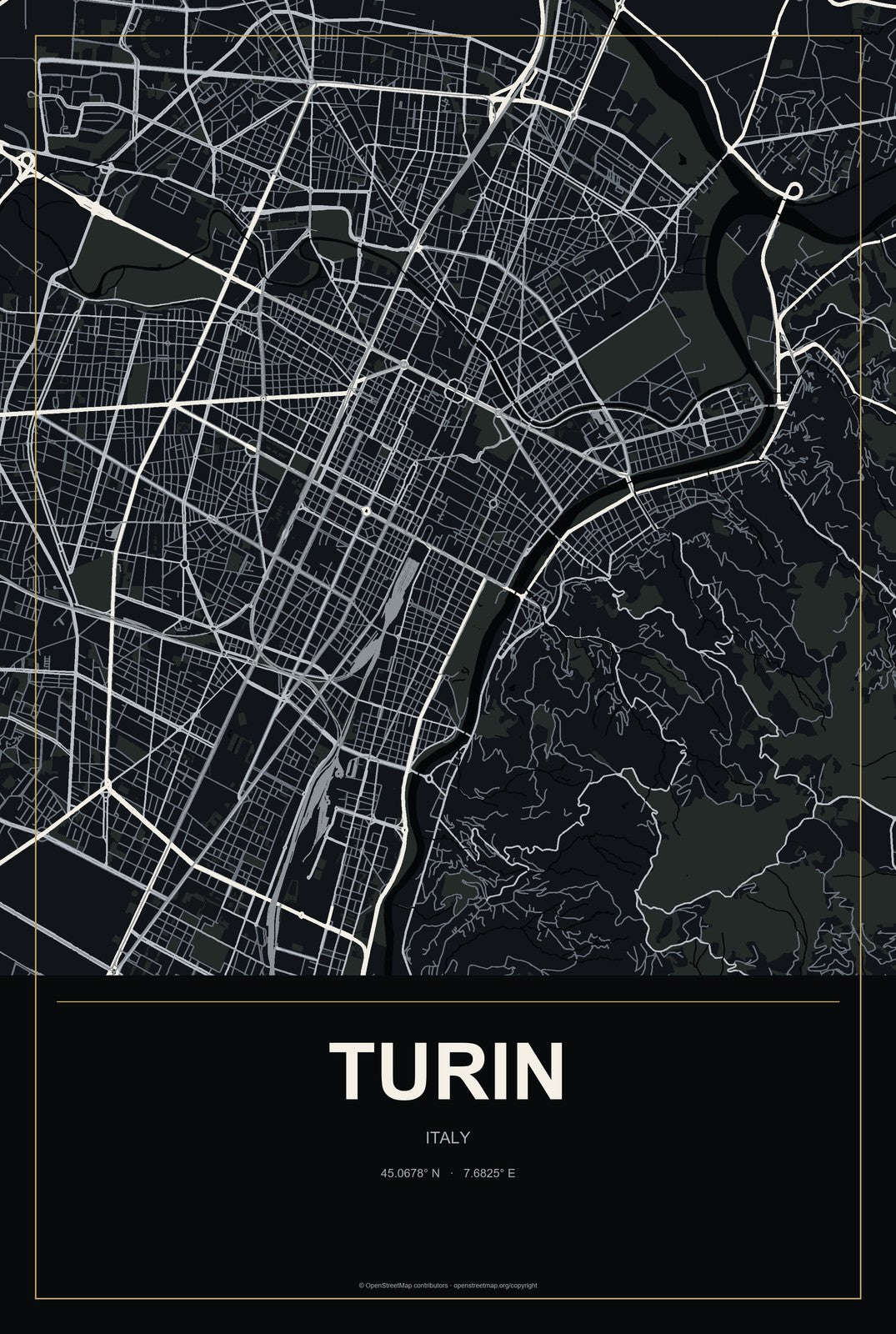 Turin, Italy City Map Aluminum Sign in Metropolitan Noir style