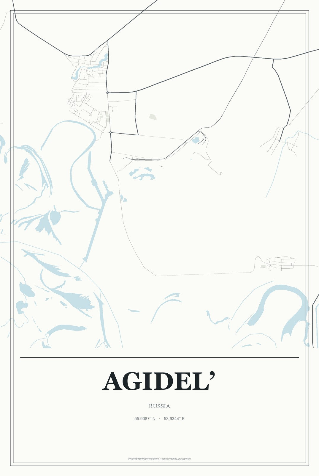 Agidel’, Russia City Map Aluminum Sign in Gallery Air style