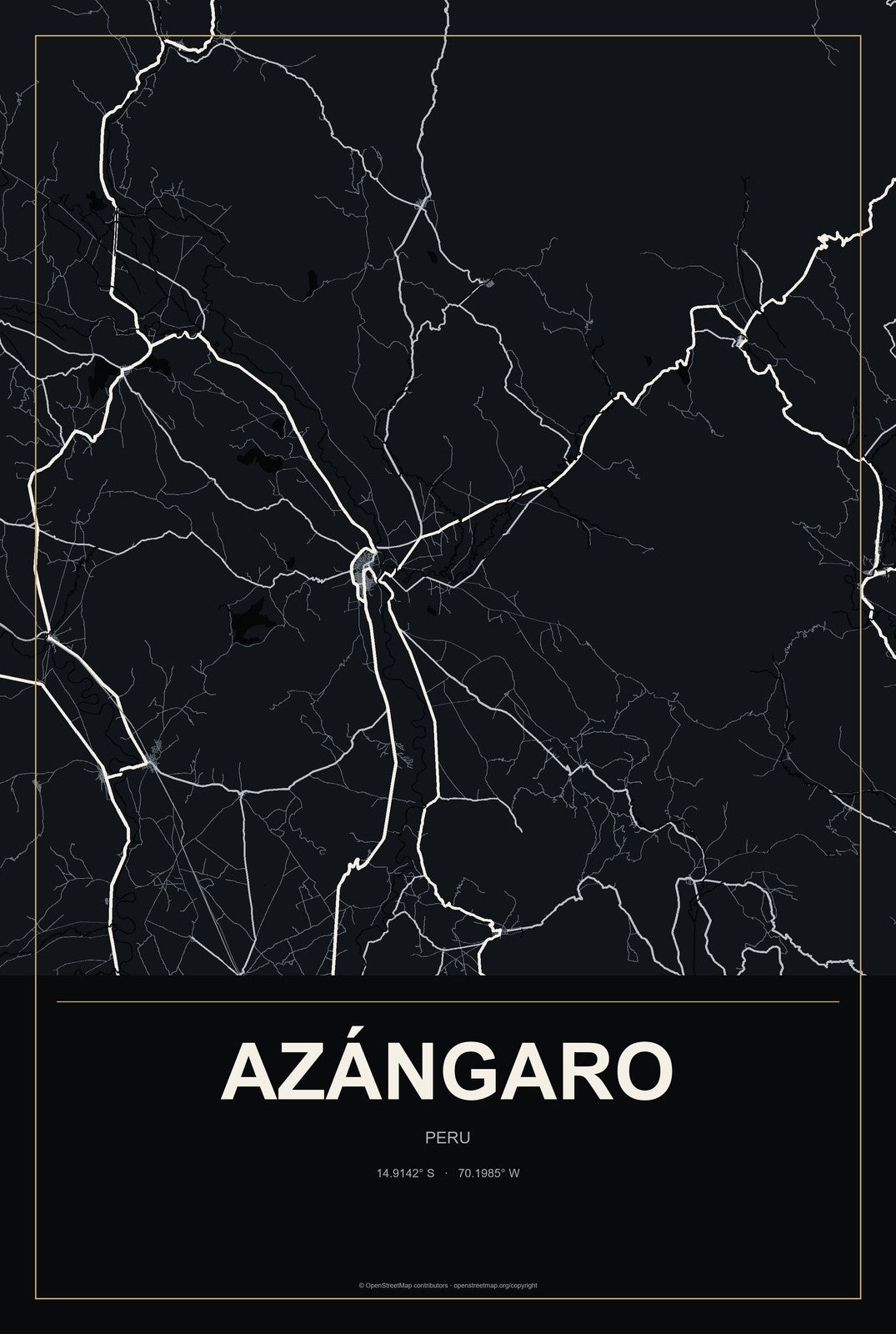 Azángaro, Peru City Map Aluminum Sign in Metropolitan Noir style