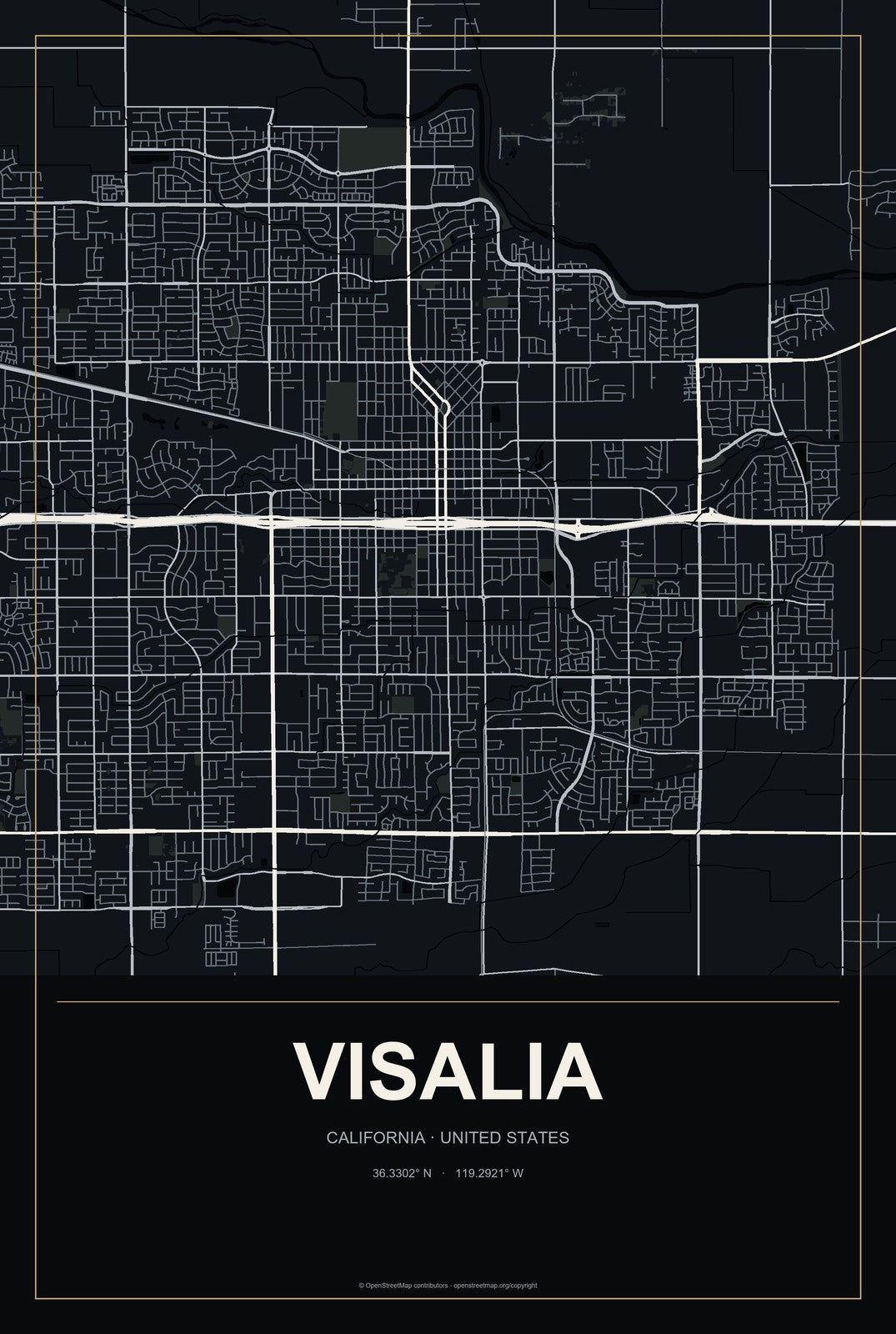Visalia, California City Map Aluminum Sign in Metropolitan Noir style