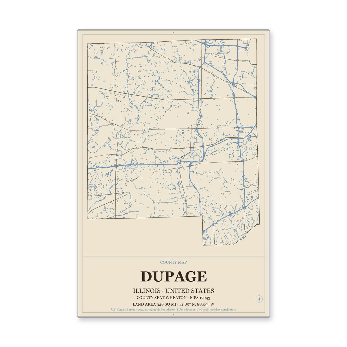 DuPage County, Illinois Map Aluminum Sign in Heritage Nautical style