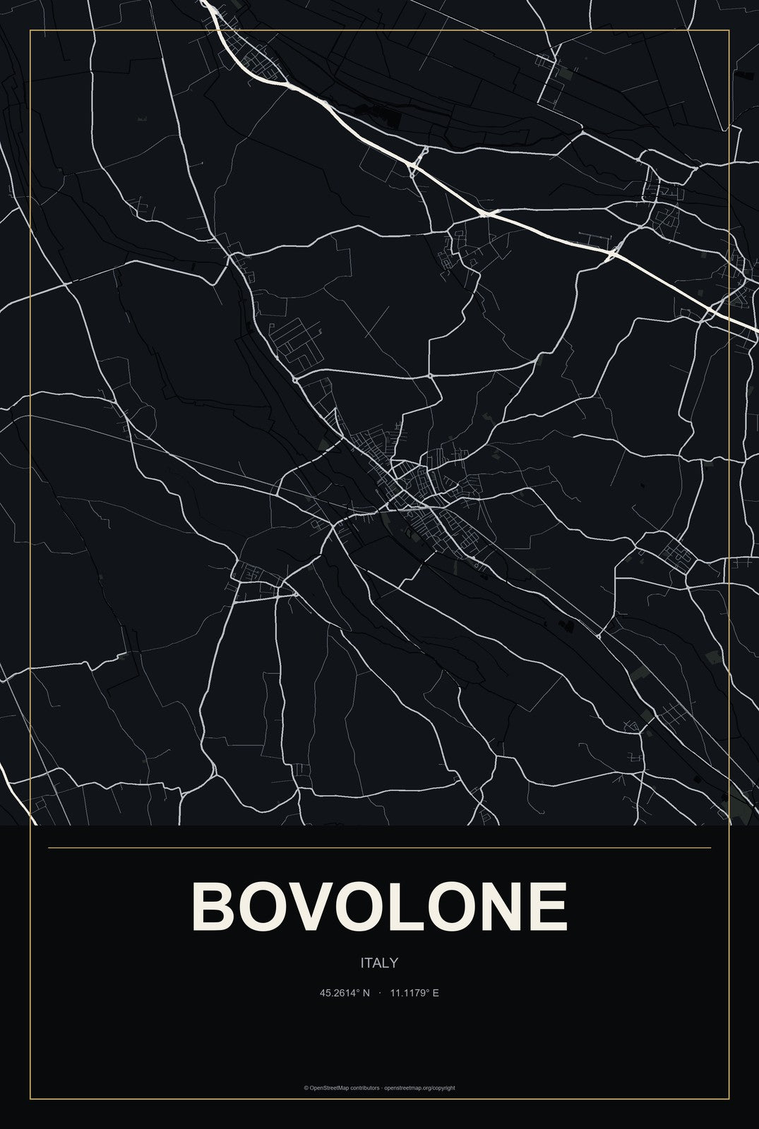 Bovolone, Italy City Map Aluminum Sign in Metropolitan Noir style