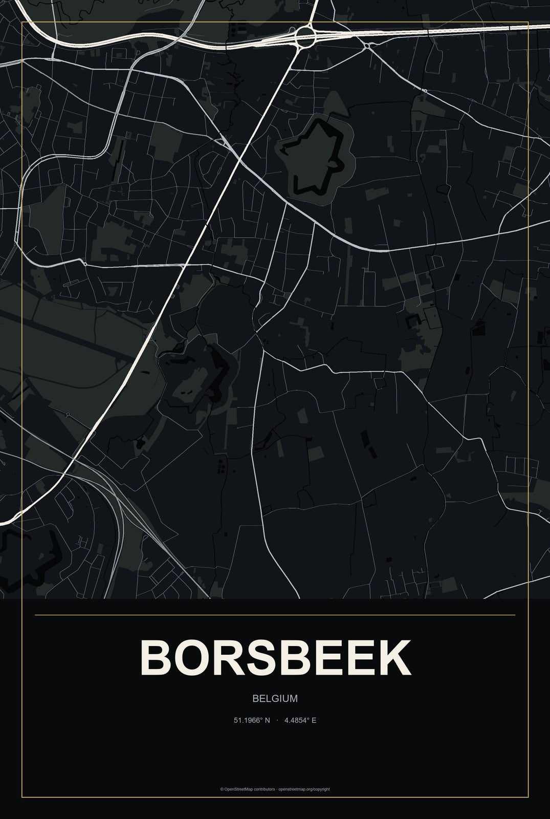 Borsbeek, Belgium City Map Aluminum Sign in Metropolitan Noir style