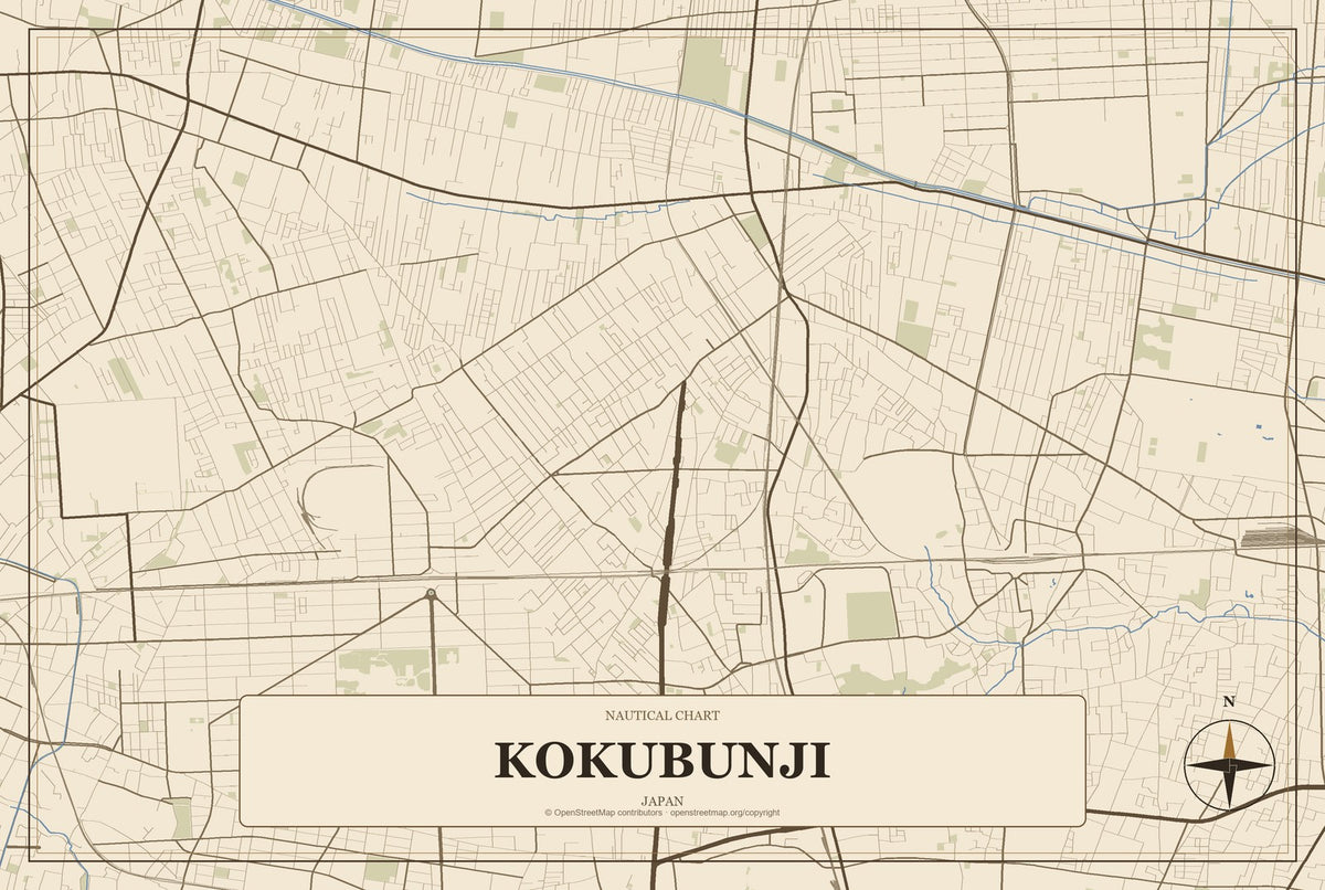 Kokubunji, Japan City Map Aluminum Sign in Heritage Nautical style