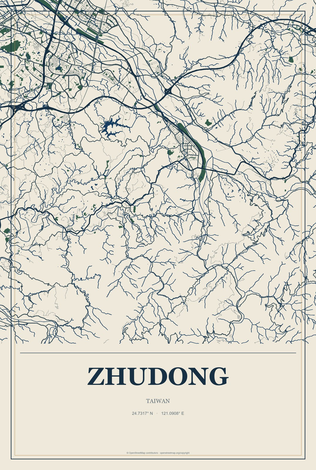 Zhudong, Taiwan City Map Aluminum Sign in Coastal Cutout style