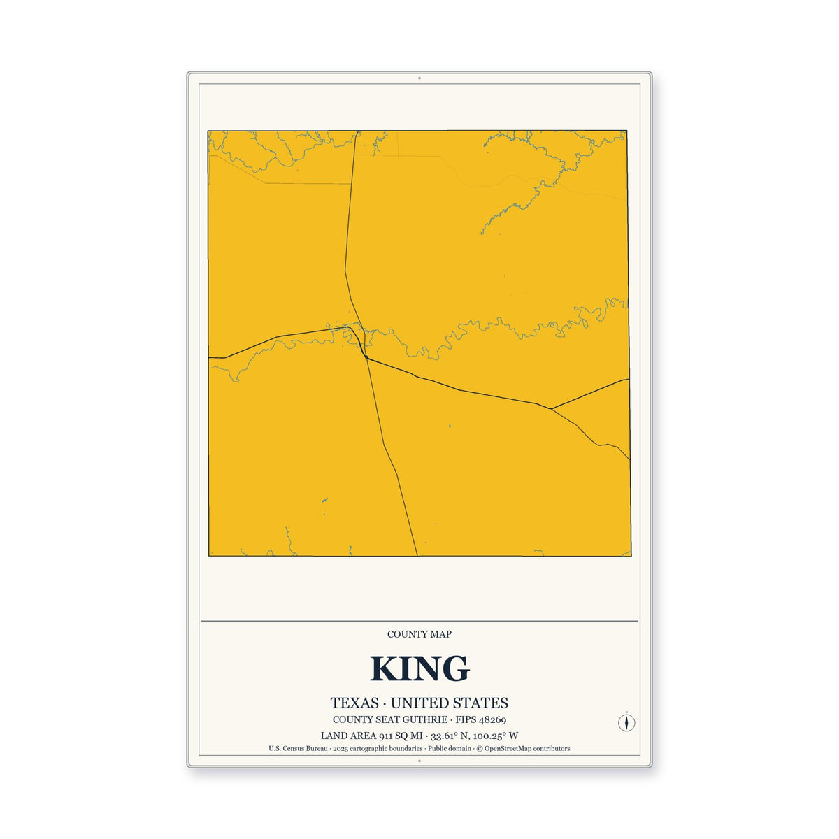 King County, Texas Map Aluminum Sign in Citrine Modern style