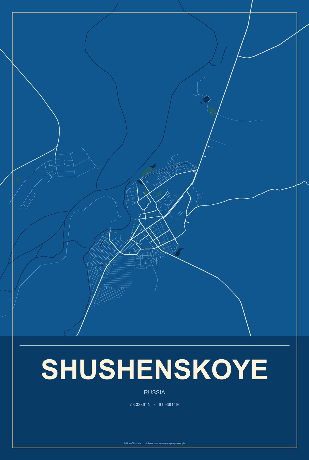 Shushenskoye, Russia City Map Aluminum Sign in Harbor Cobalt style