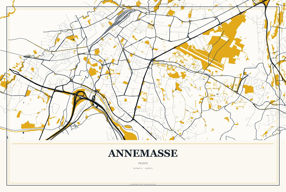 Annemasse, France City Map Aluminum Sign in Citrine Modern style