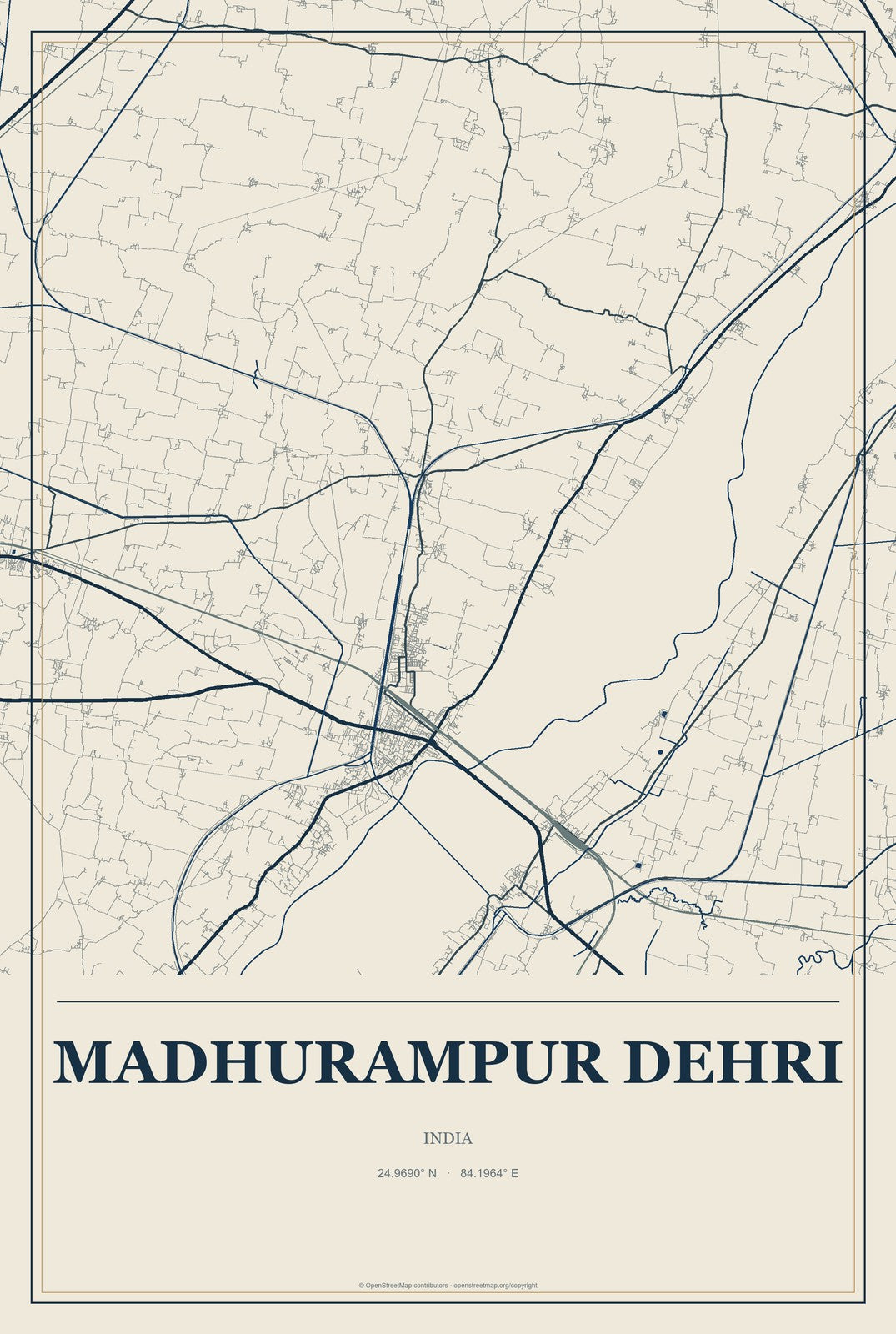 Madhurampur Dehri, India City Map Aluminum Sign in Coastal Cutout style