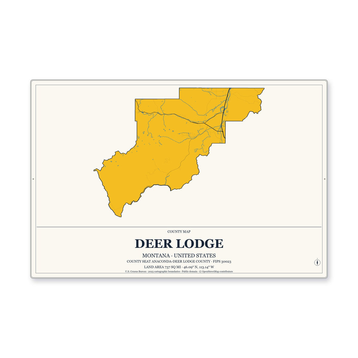 Deer Lodge County, Montana Map Aluminum Sign in Citrine Modern style
