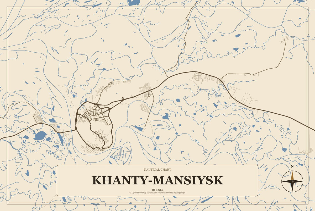 Khanty-Mansiysk, Russia City Map Aluminum Sign in Heritage Nautical style