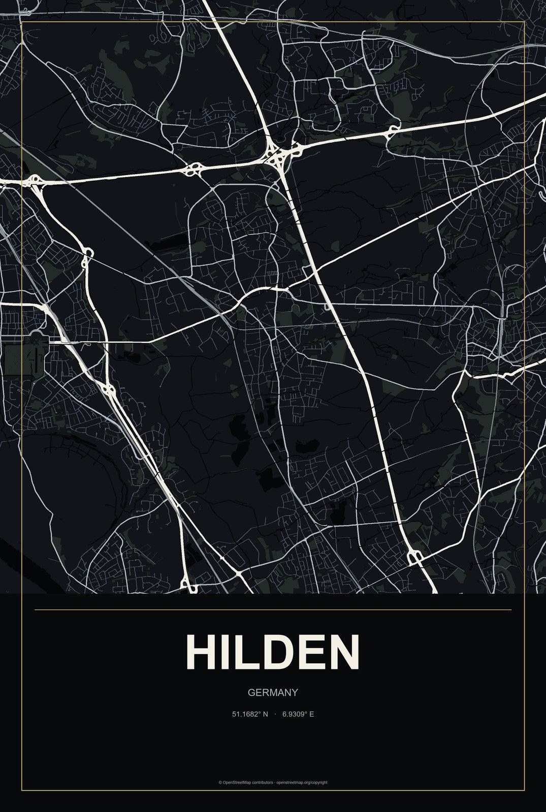 Hilden, Germany City Map Aluminum Sign in Metropolitan Noir style