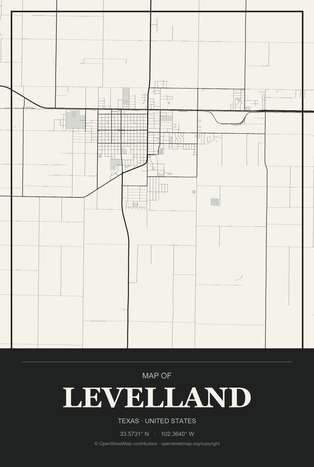 Levelland, Texas City Map Aluminum Sign in Museum Plaque style