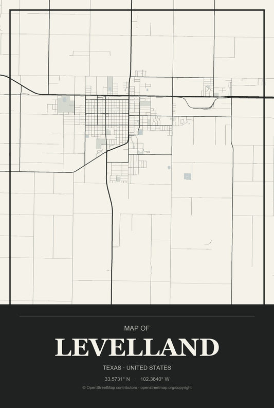 Levelland, Texas City Map Aluminum Sign in Museum Plaque style