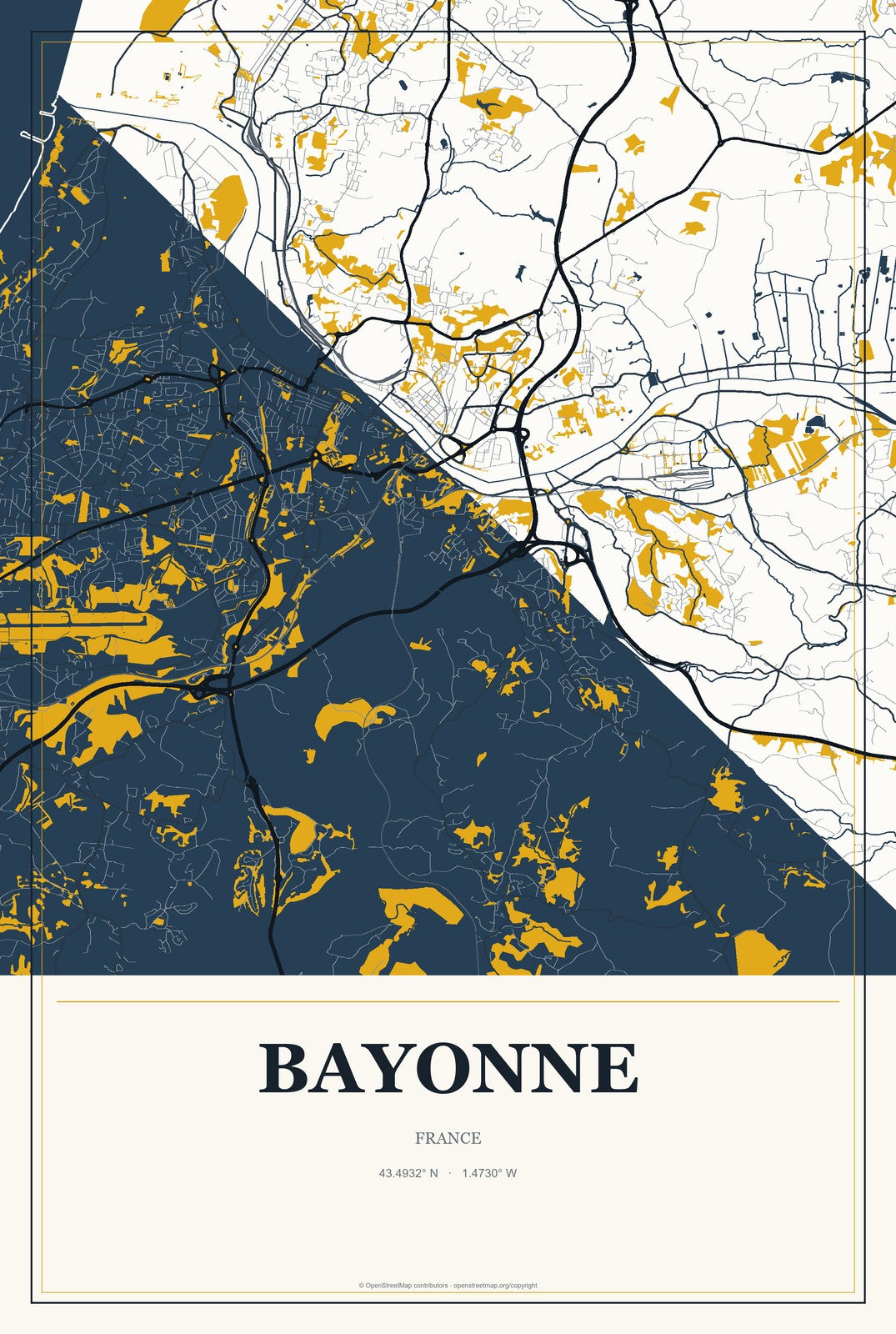 Bayonne, France City Map Aluminum Sign in Citrine Modern style