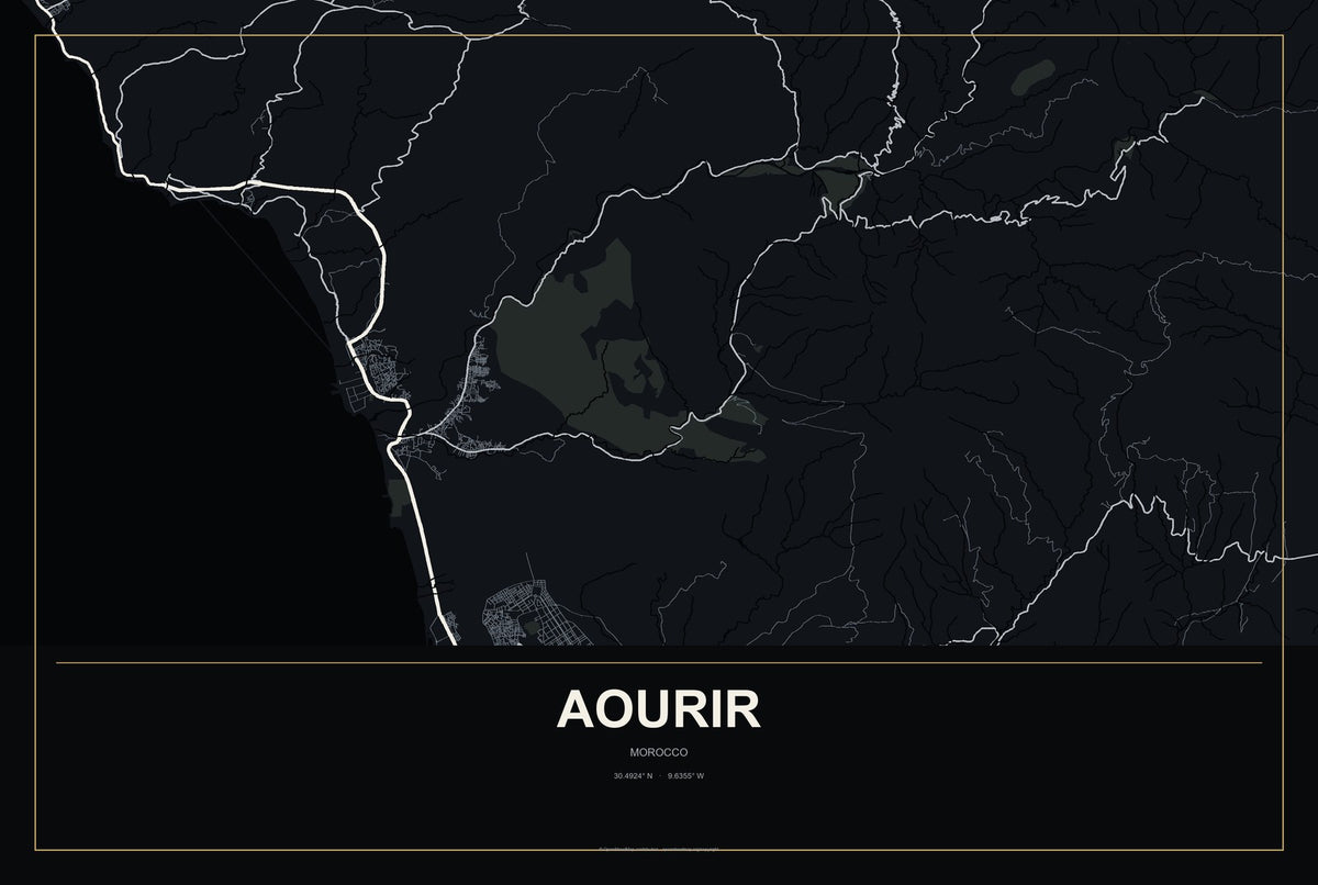 Aourir, Morocco City Map Aluminum Sign in Metropolitan Noir style