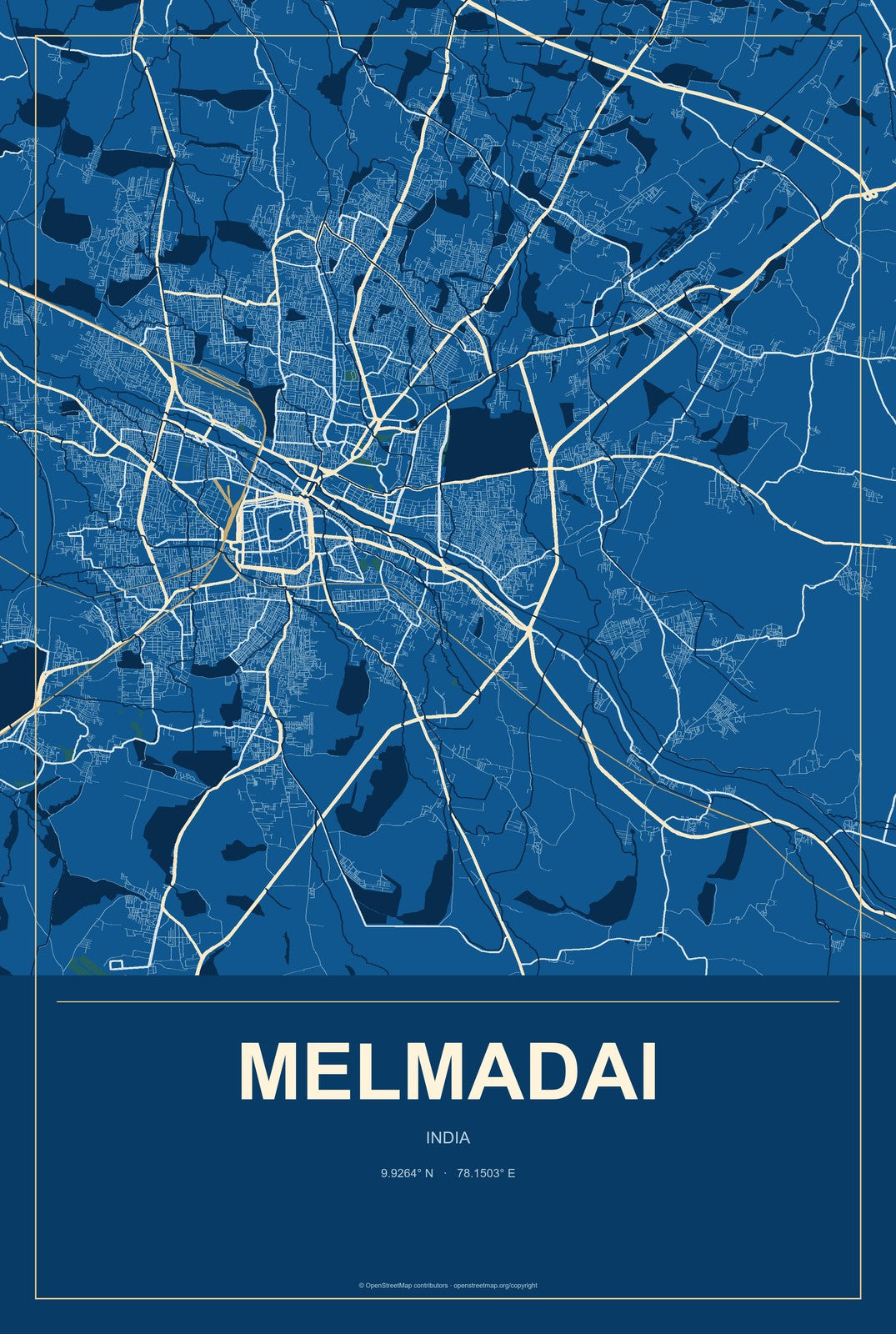 Melmadai, India City Map Aluminum Sign in Harbor Cobalt style