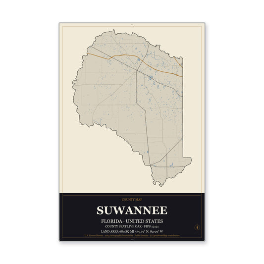 Suwannee County, Florida Map Aluminum Sign in Museum Plaque style