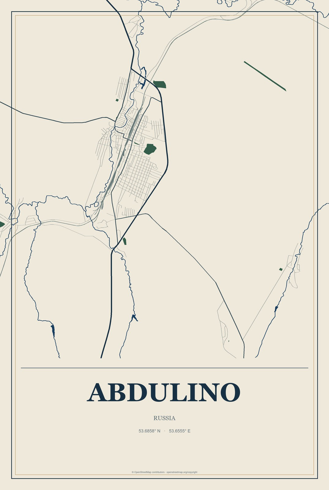 Abdulino, Russia City Map Aluminum Sign in Coastal Cutout style