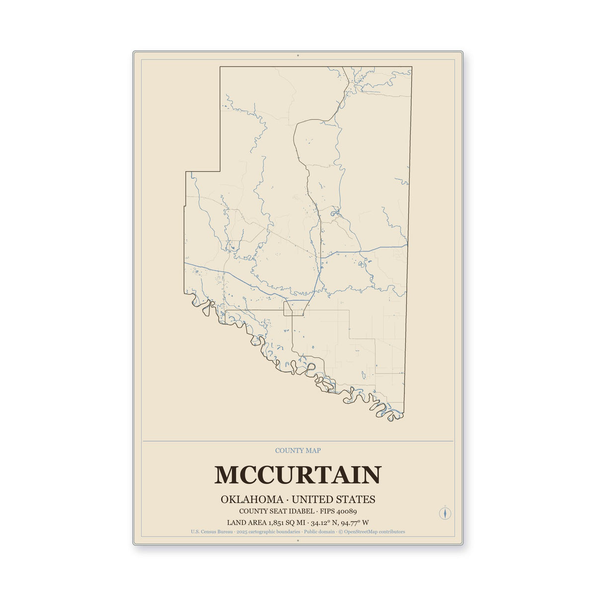 McCurtain County, Oklahoma Map Aluminum Sign in Heritage Nautical style