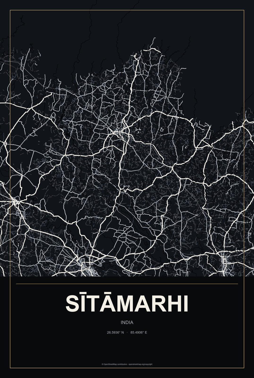 Sītāmarhi, India City Map Aluminum Sign in Metropolitan Noir style