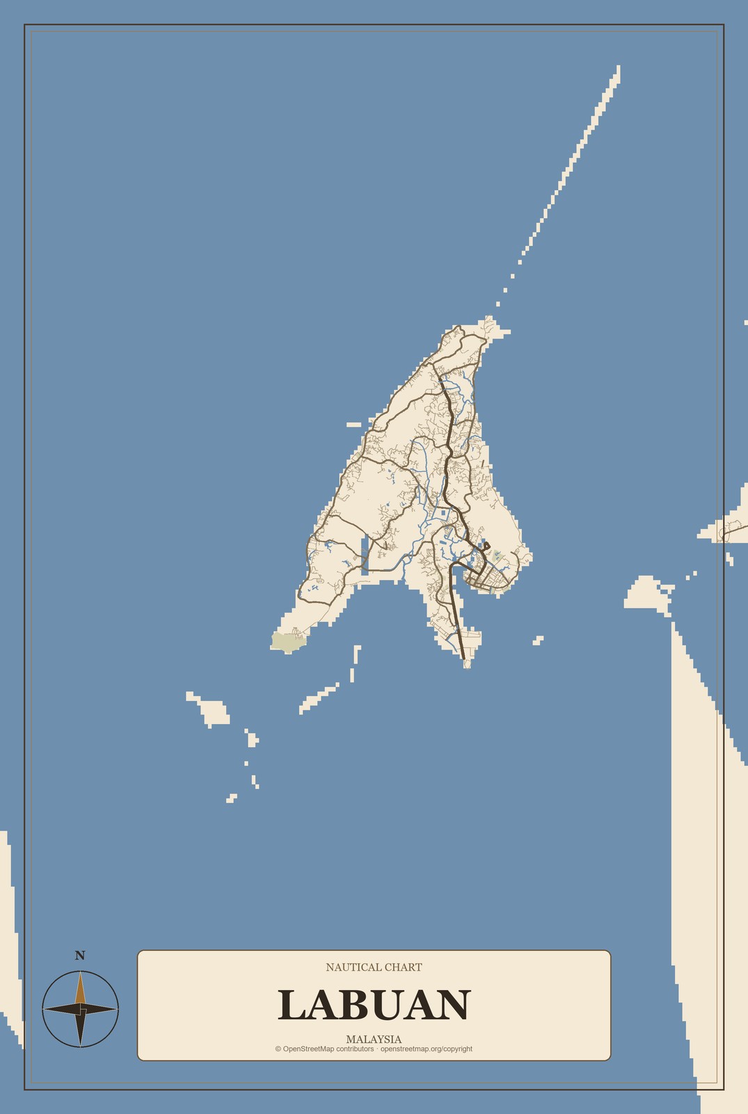 Labuan, Malaysia City Map Aluminum Sign in Heritage Nautical style