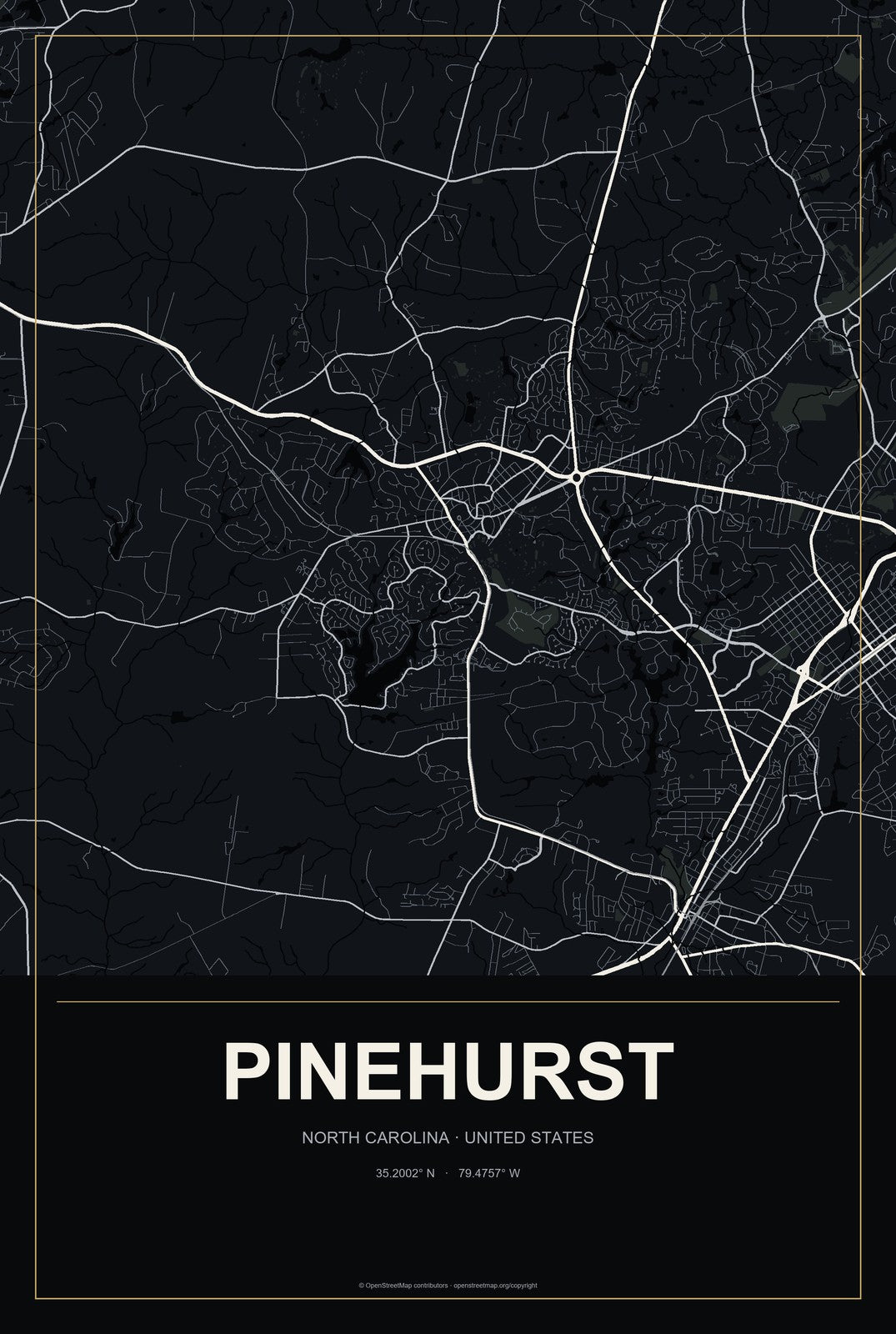 Pinehurst, North Carolina City Map Aluminum Sign in Metropolitan Noir style