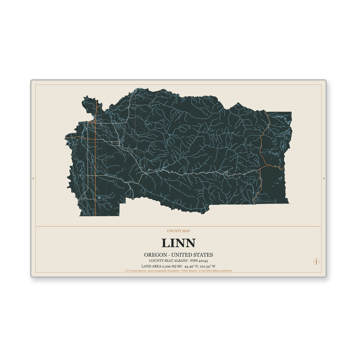 Linn County, Oregon Map Aluminum Sign in Headline Atlas style