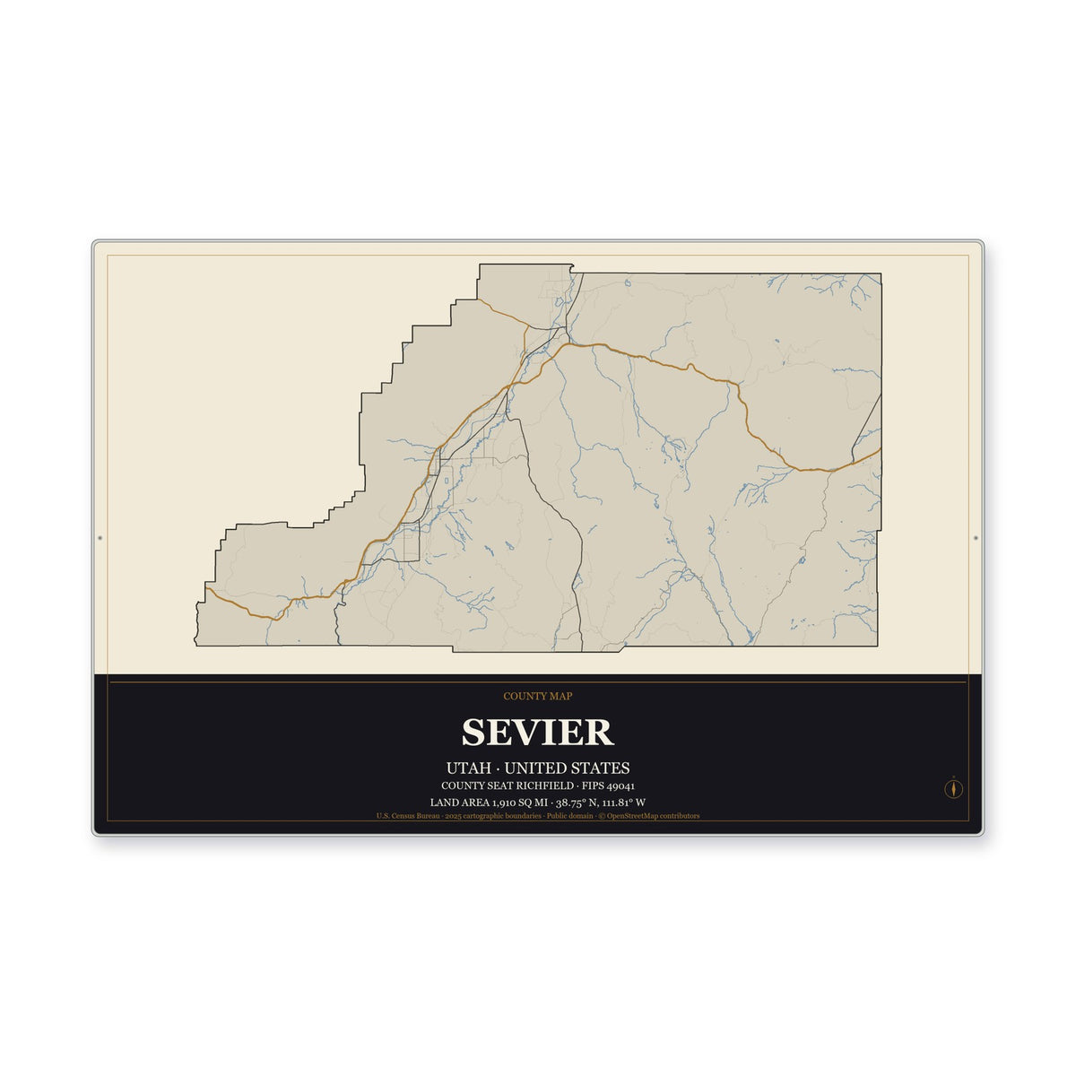 Sevier County, Utah Map Aluminum Sign in Museum Plaque style