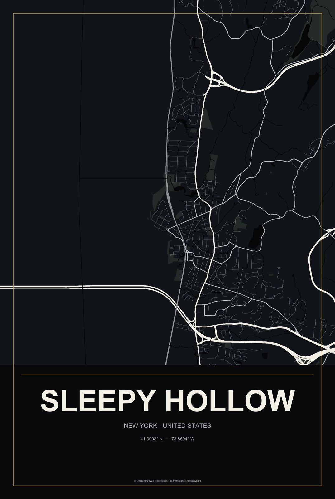 Sleepy Hollow, New York City Map Aluminum Sign in Metropolitan Noir style