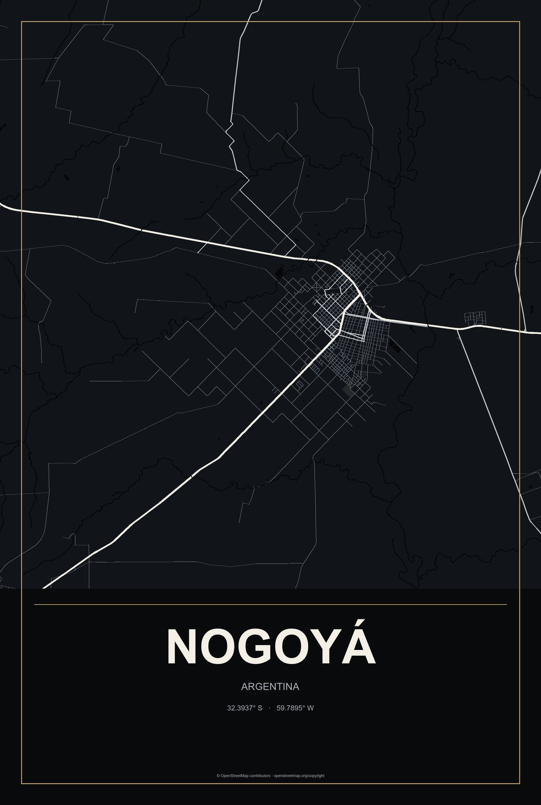 Nogoyá, Argentina City Map Aluminum Sign in Metropolitan Noir style