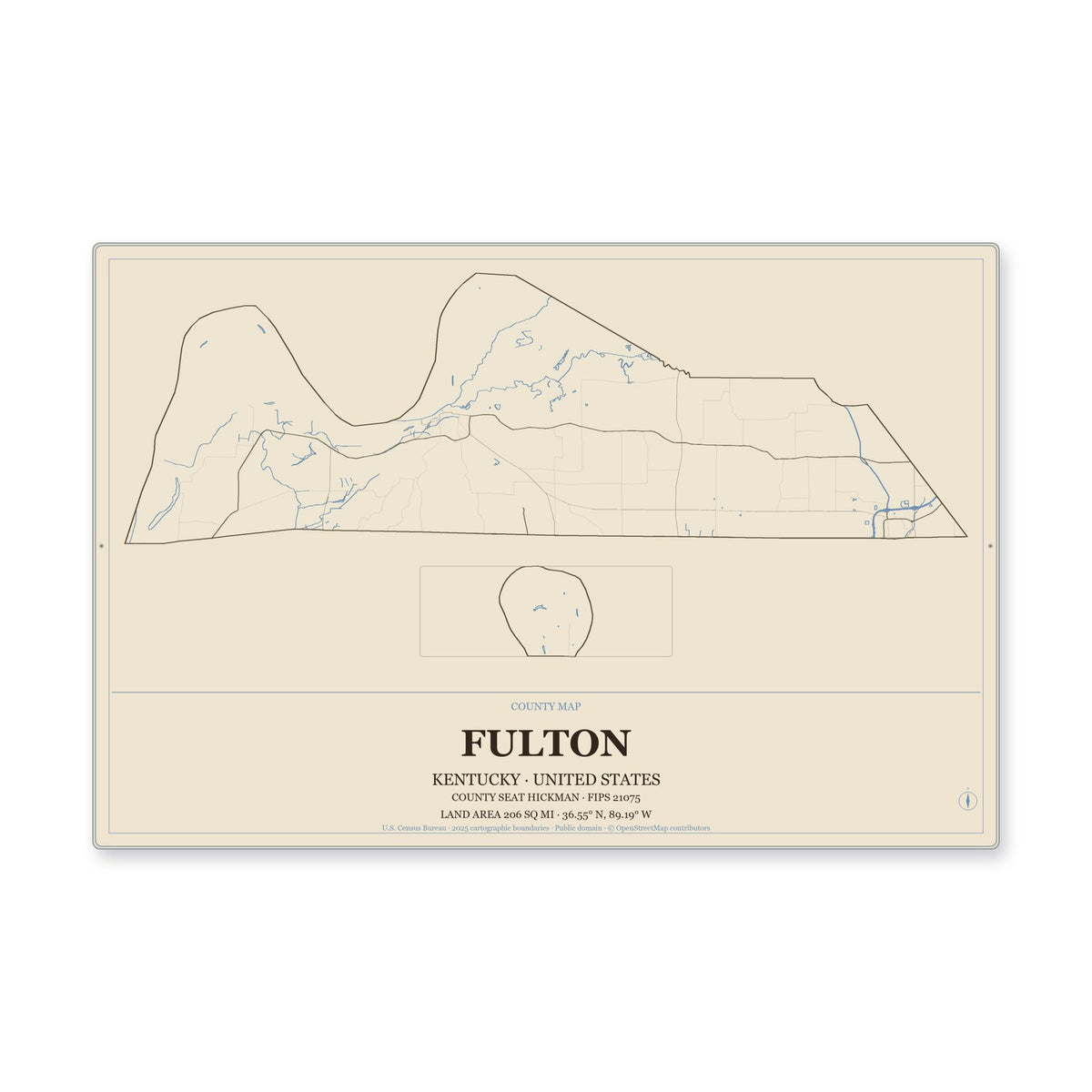 Fulton County, Kentucky Map Aluminum Sign in Heritage Nautical style