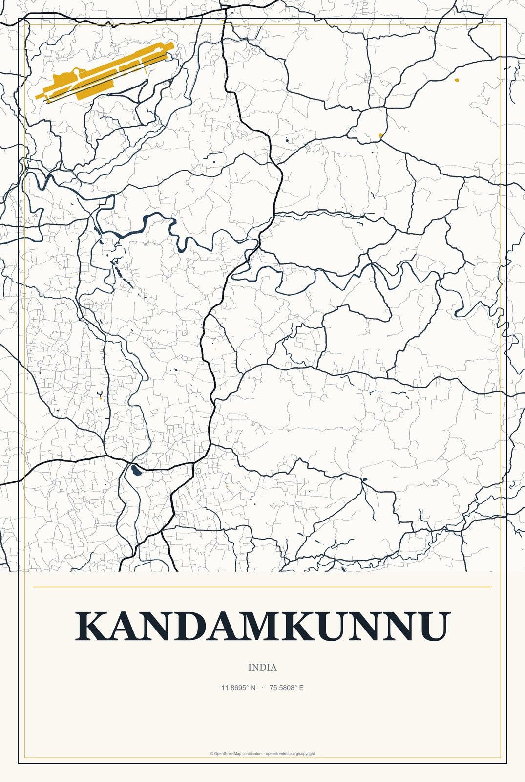 Kandamkunnu, India City Map Aluminum Sign in Citrine Modern style