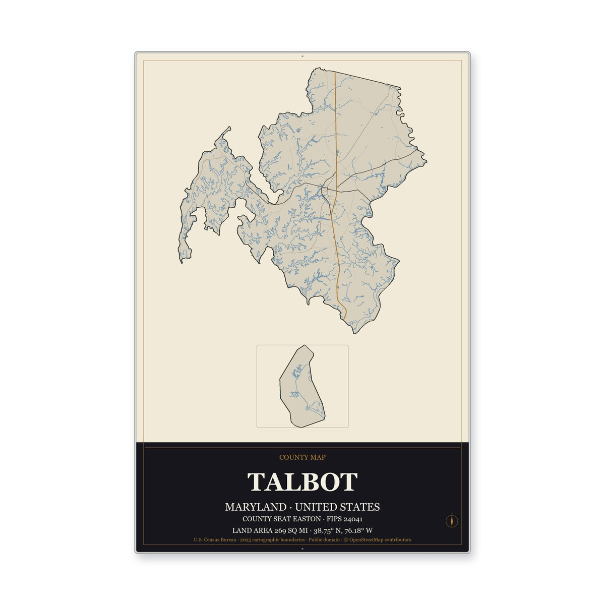 Talbot County, Maryland Map Aluminum Sign in Museum Plaque style