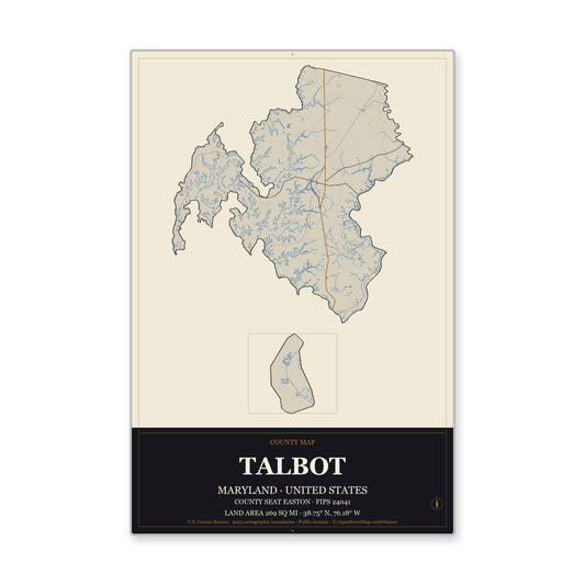 Talbot County, Maryland Map Aluminum Sign in Museum Plaque style