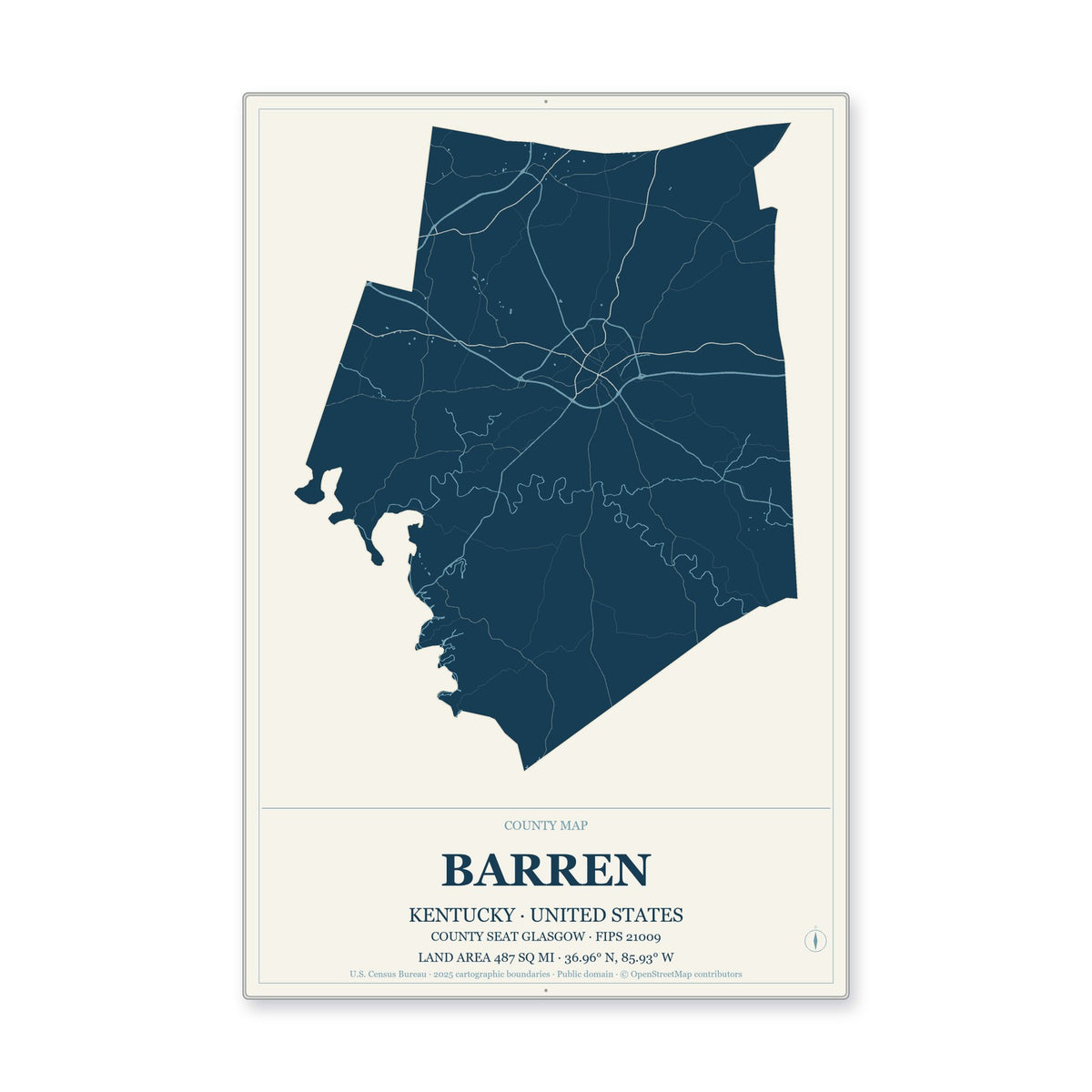 Barren County, Kentucky Map Aluminum Sign in Coastal Cutout style