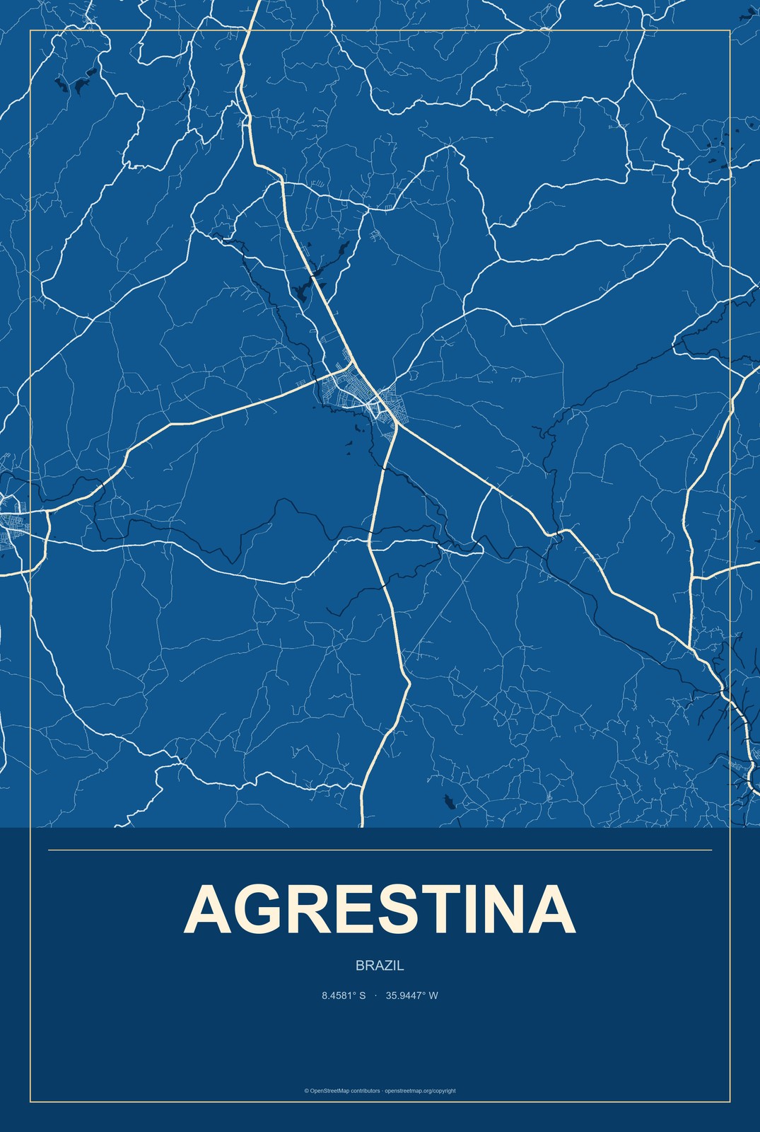 Agrestina, Brazil City Map Aluminum Sign in Harbor Cobalt style
