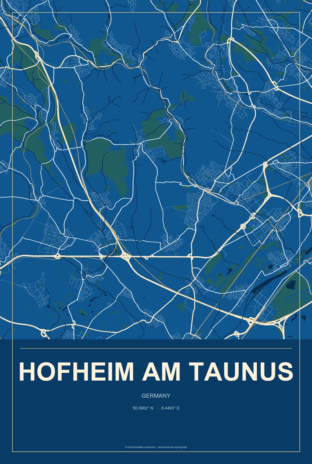 Hofheim am Taunus, Germany City Map Aluminum Sign in Harbor Cobalt style