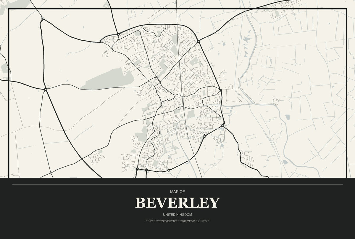 Beverley, United Kingdom City Map Aluminum Sign in Museum Plaque style